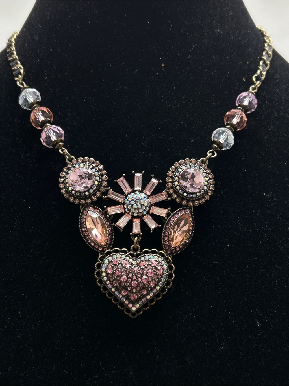 Betsey Johnson, Gold, Black And Pink Crystal Heart Statement Necklace